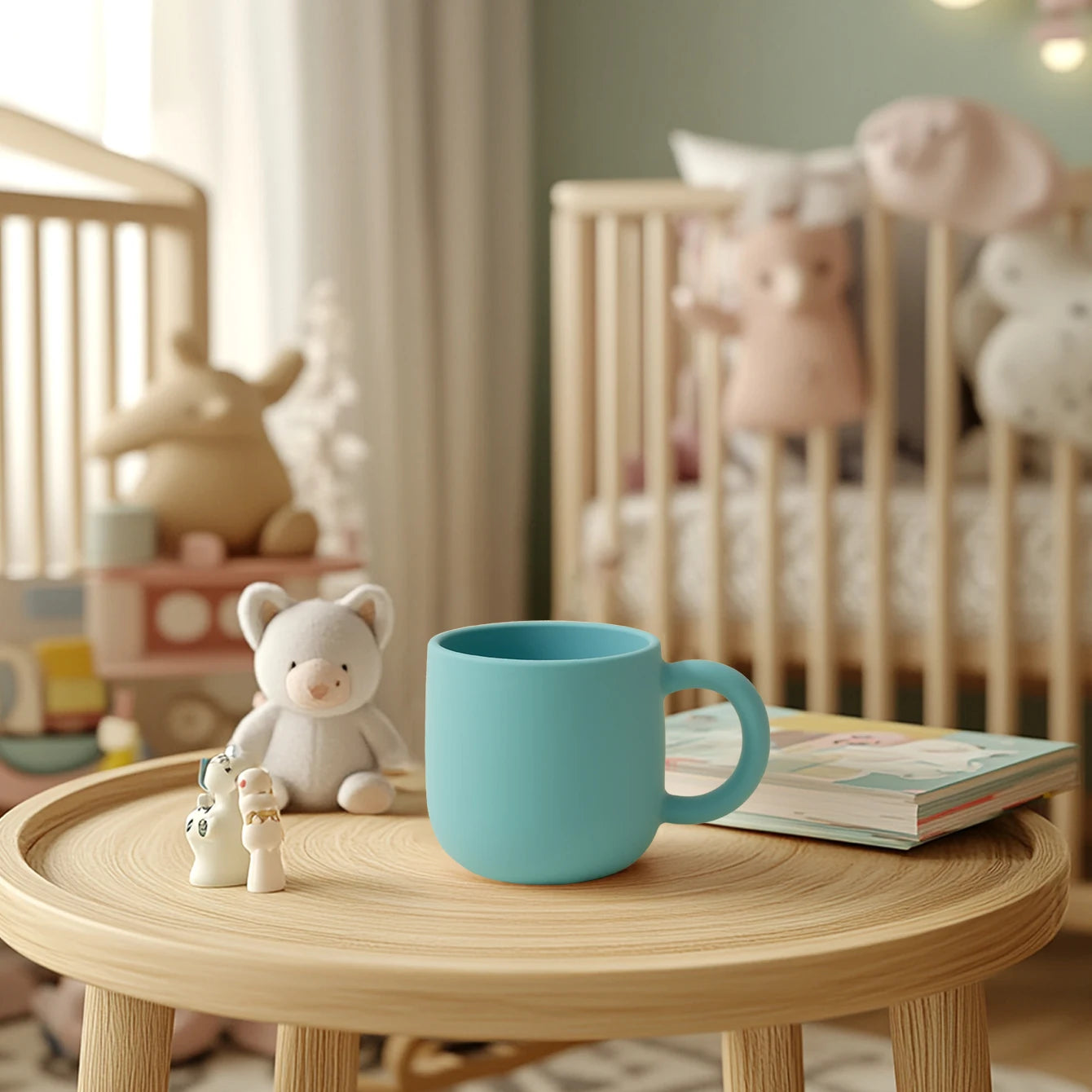 Blue silicone toddler mug on a table in a nursery