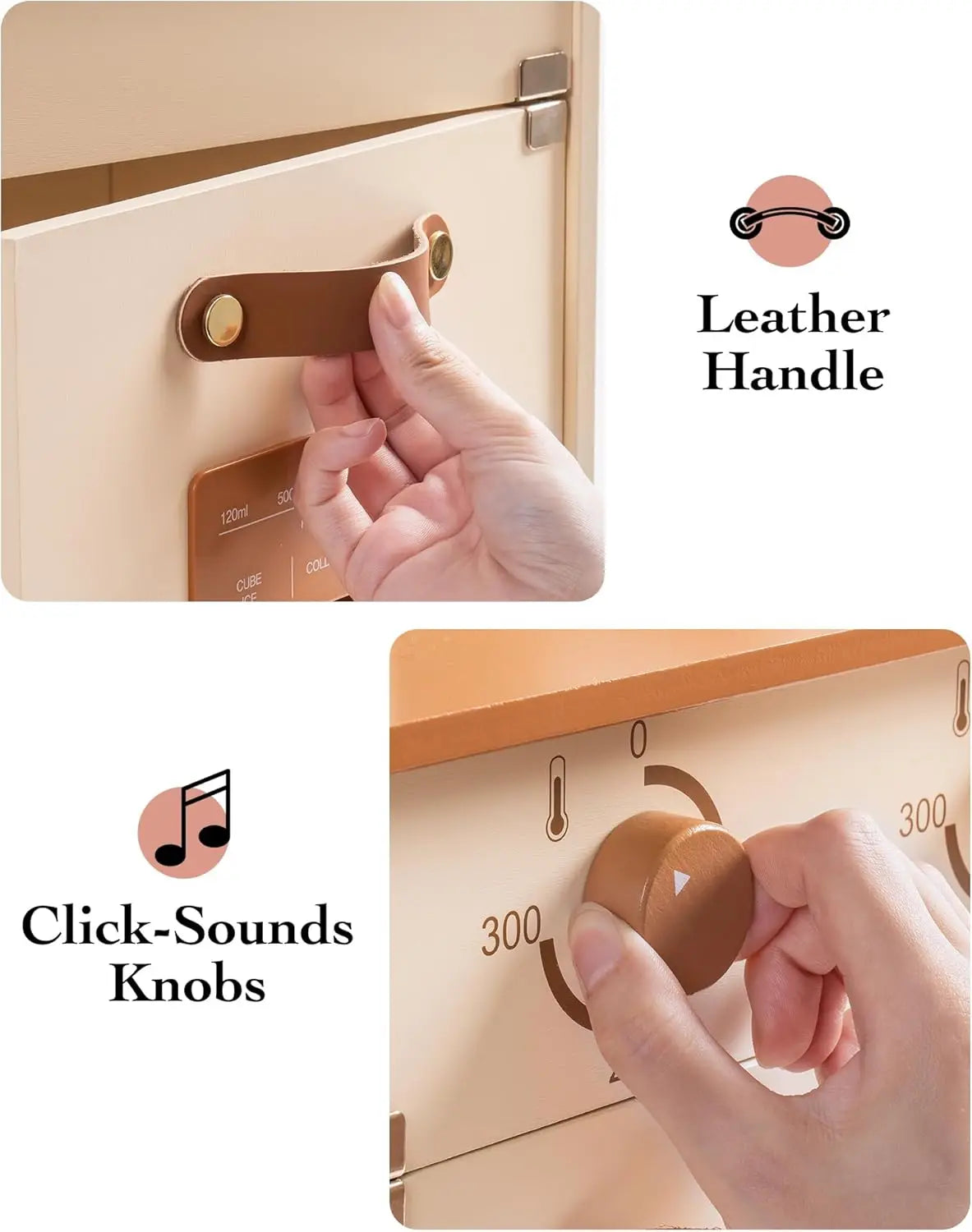 Safe with leather handle and click-sounds knobs, showing a hand interacting with the safe.