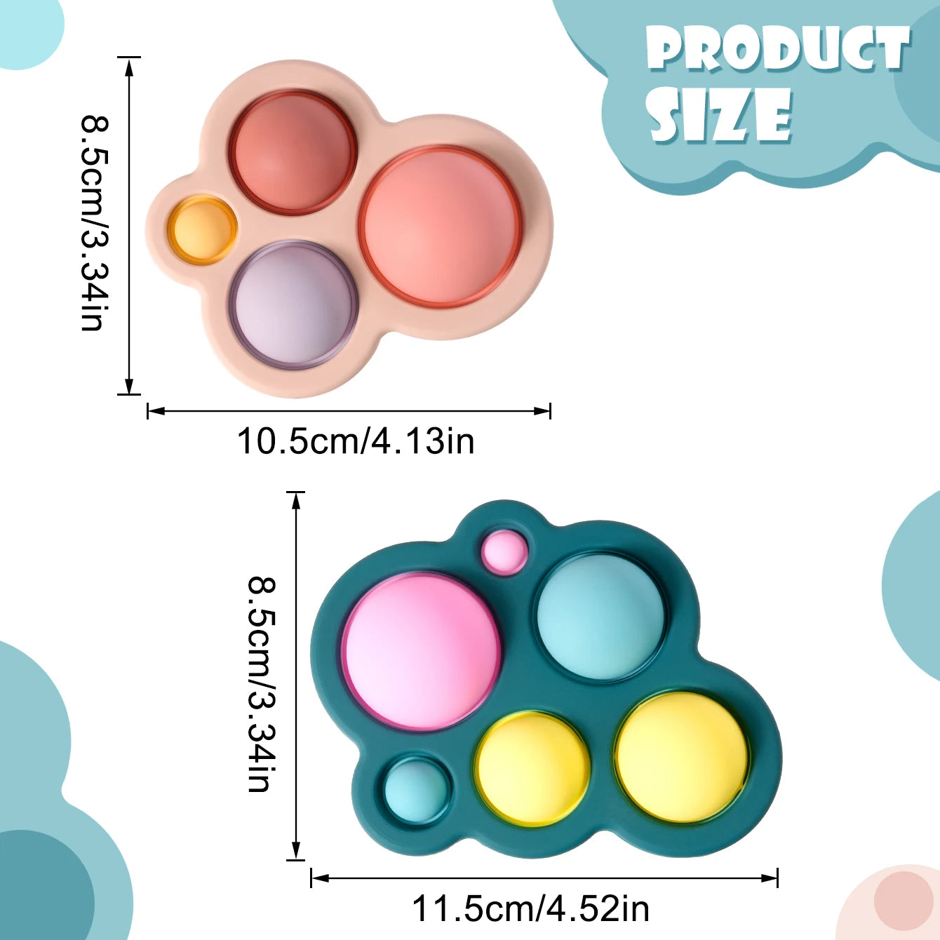 Bubble pop teethers, 10.5 x 8.5cm and 11.5 x 8.5cm