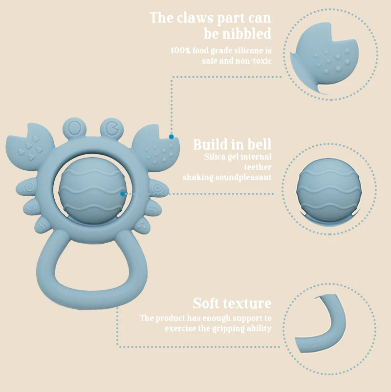 Blue teething ring with text on a beige background