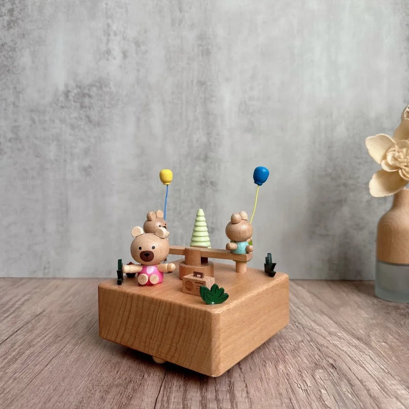 Wooden Bear Seesaw Music Box – Wind-Up Clockwork Beech Wood | Oliver & Company Montessori Toys
