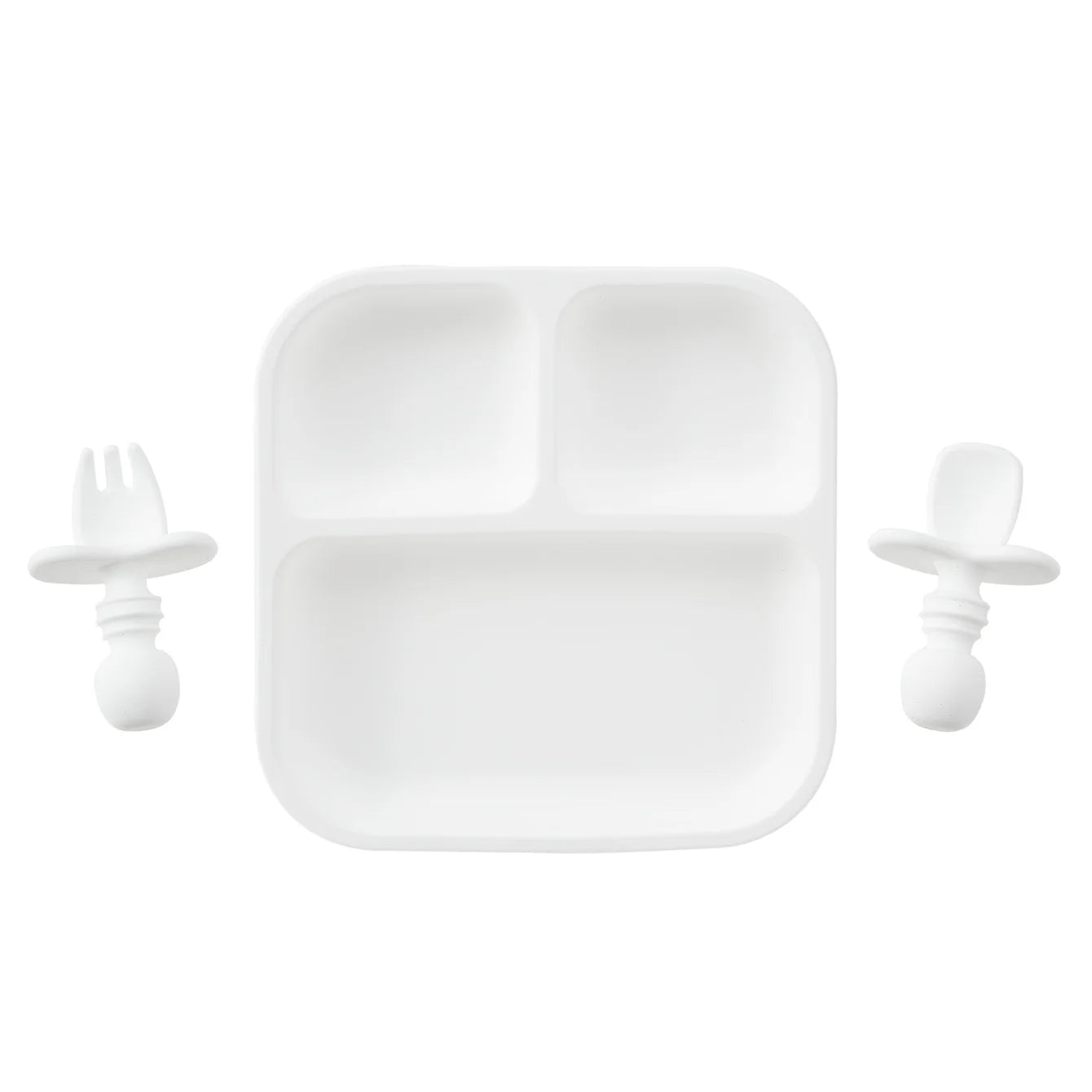 Square silicone suction plate set with spoon and fork in White