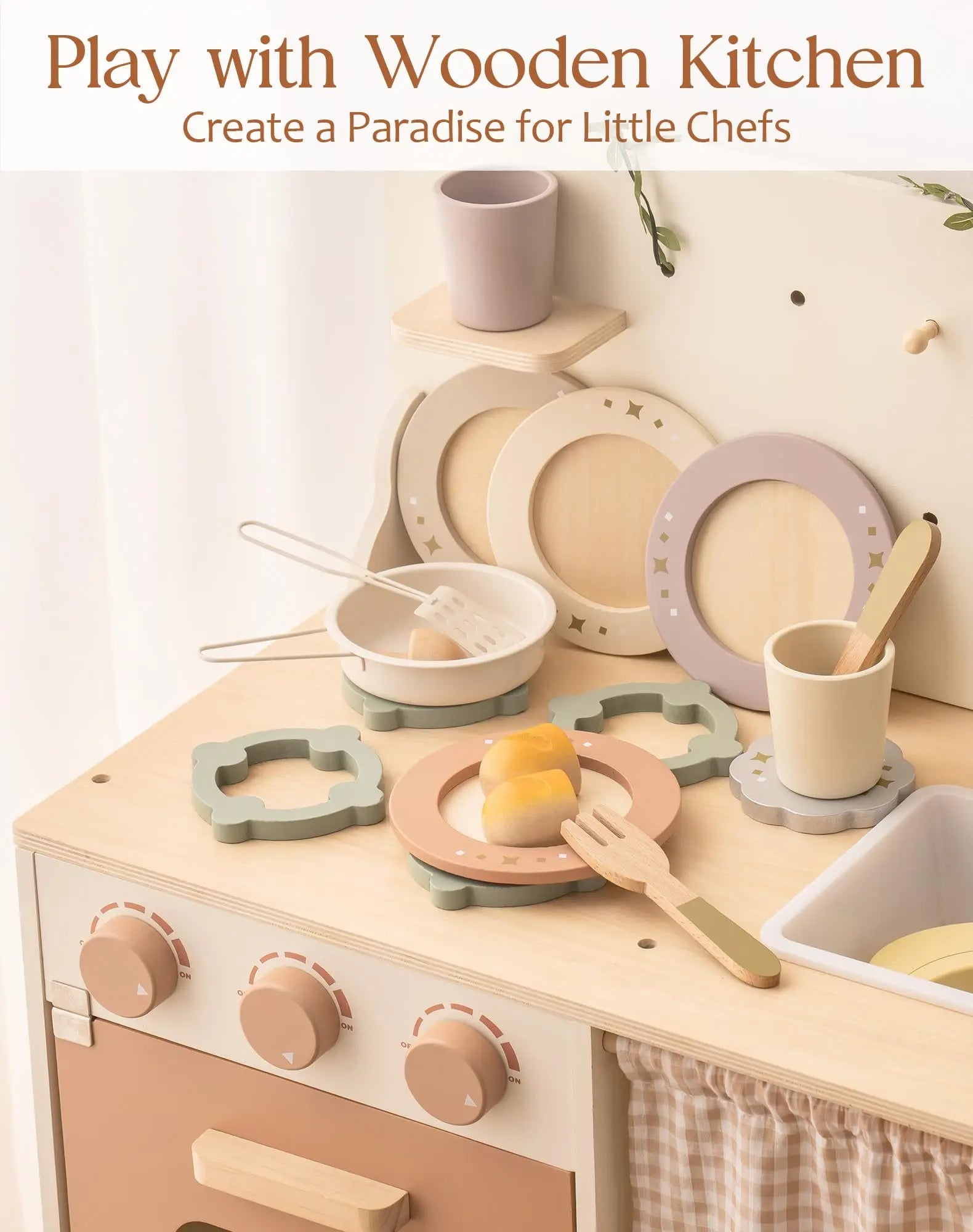 Wooden kitchen set with utensils and plates on a countertop, with text 'Play with Wooden Kitchen Create a Paradise for Little Chefs'.
