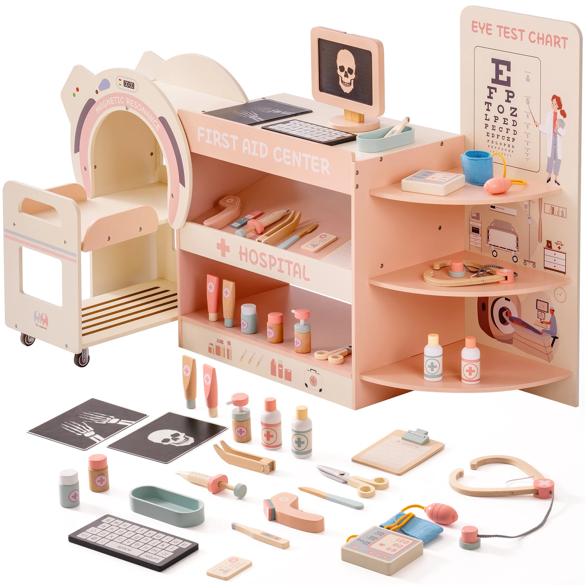 Toy medical center set with various medical tools and equipment on a white background