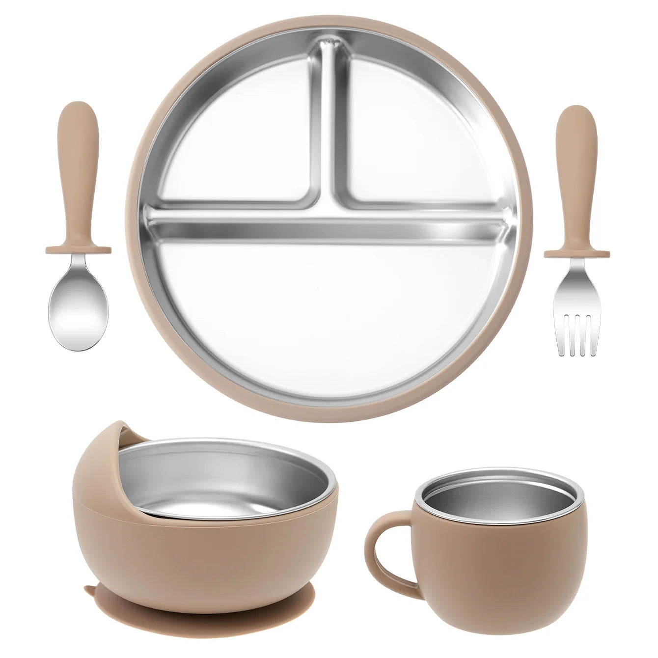 5-Piece Stainless Steel Silicone Baby Feeding Set with Cup | Oliver Montessori Toys