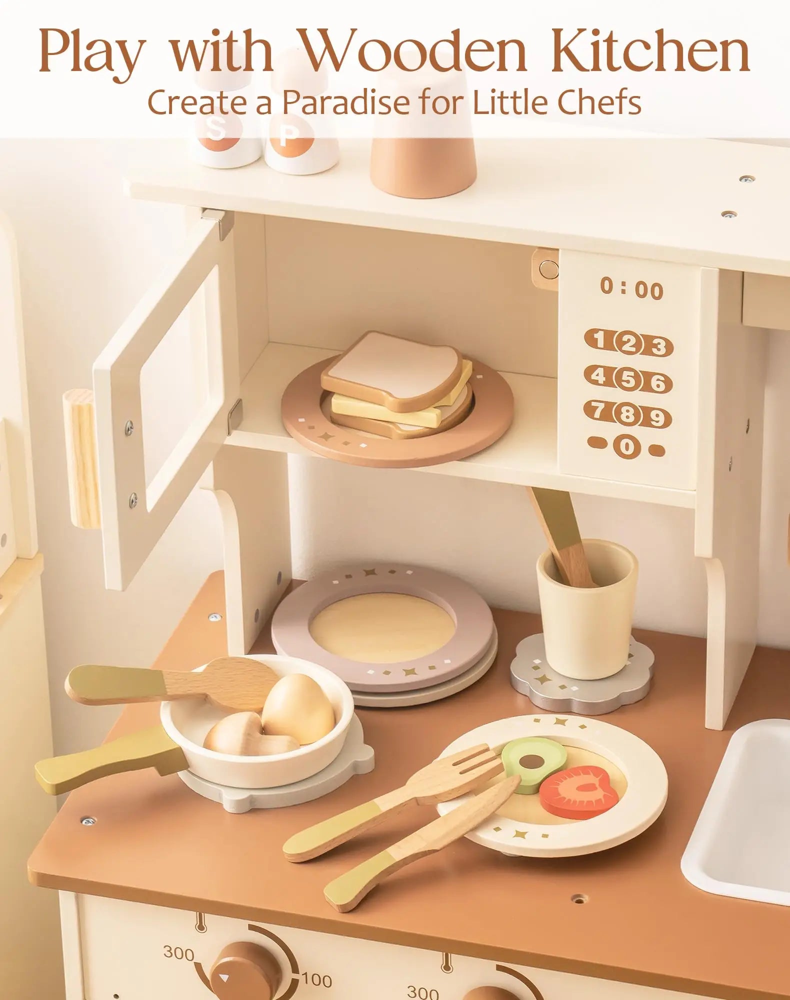Wooden kitchen playset with toys and utensils on a white background
