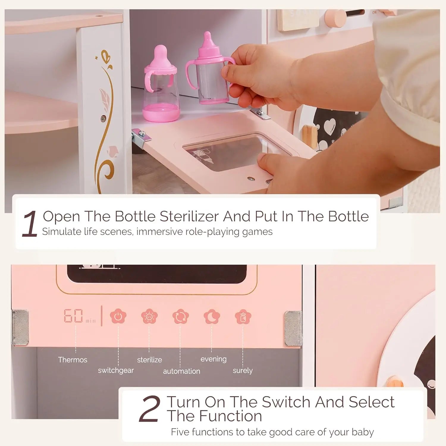 Bottle sterilizer with pink bottles and user instructions on a white background