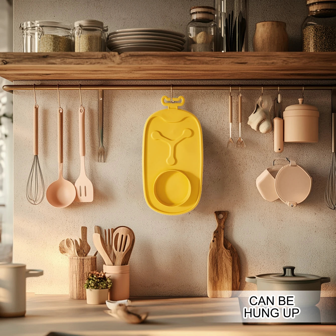 Yellow travel placemat hanging on a kitchen hook
