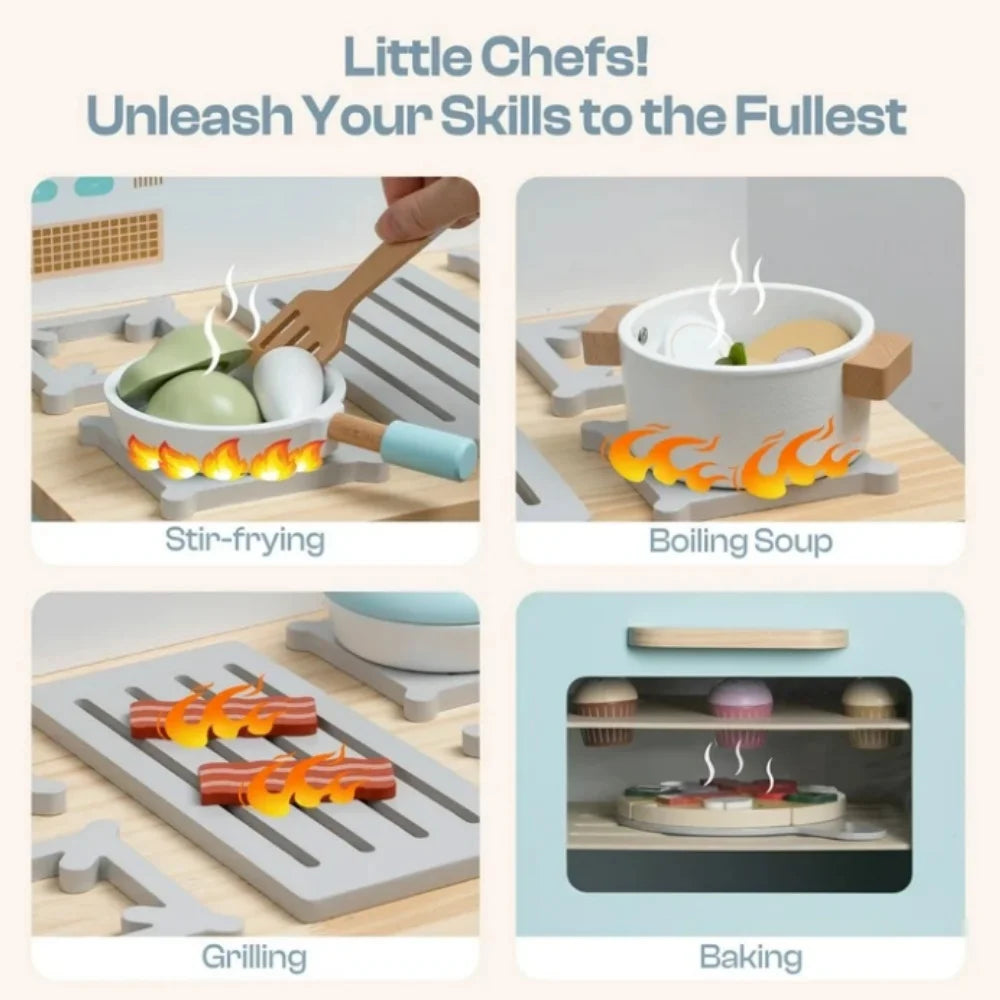 Set of toy kitchen appliances with cooking actions on a wooden surface.