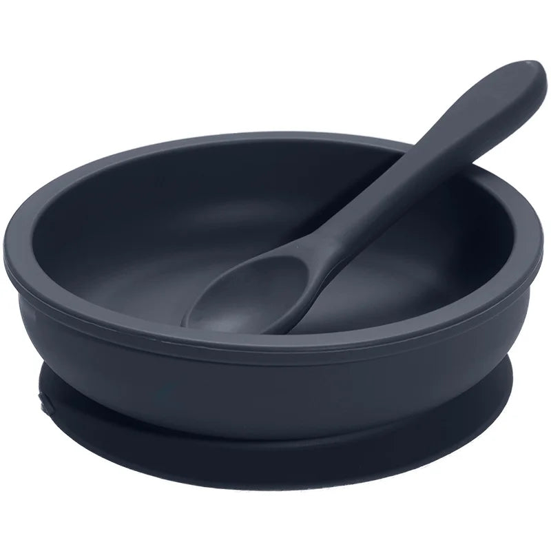 Denim blue wide silicone suction bowl and spoon