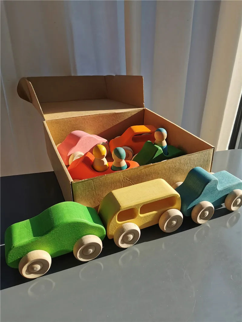 Wooden Stacking Bridge, Cars & Forest Trees Set - Montessori Imaginative Play
