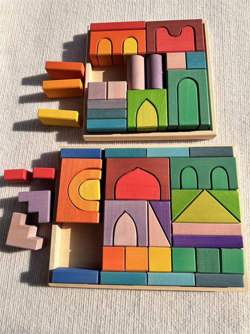 Montessori Large Wooden Stacking Blocks: Rainbow Building Structures