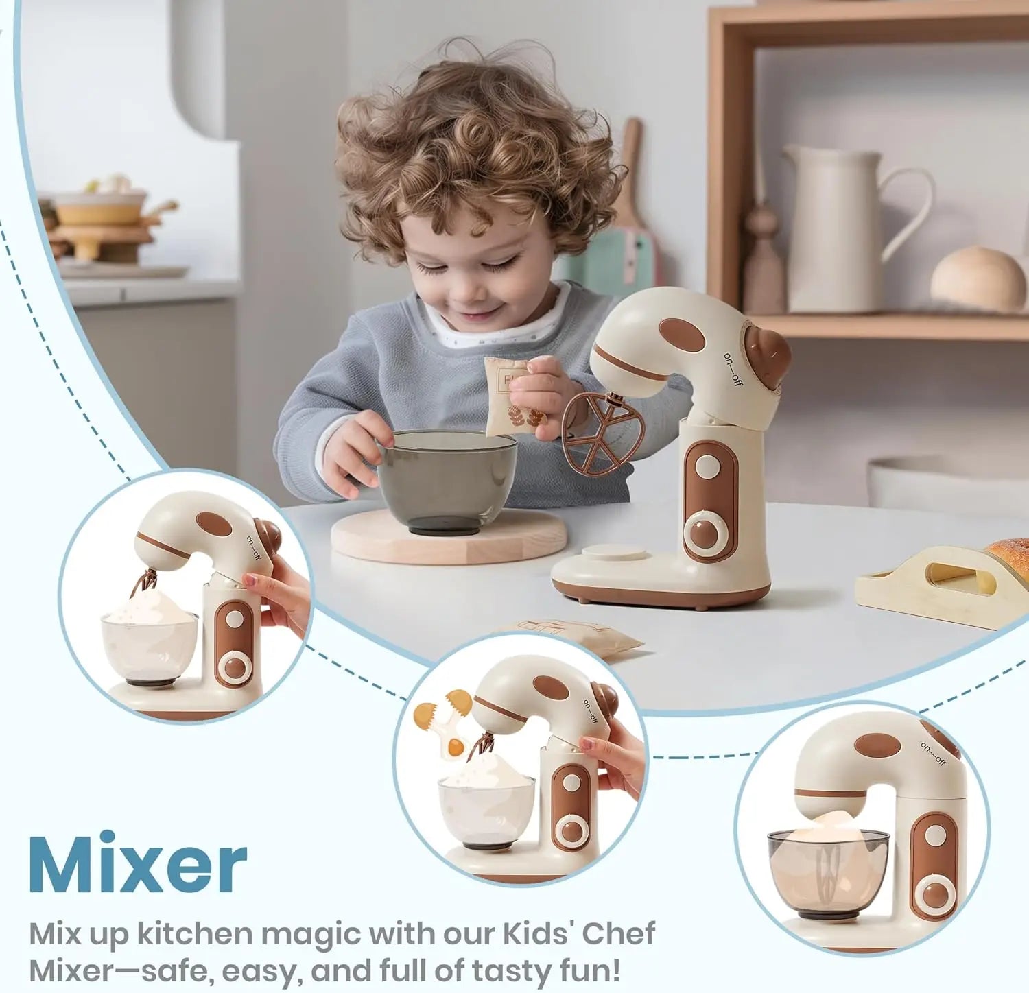 Child playing with a toy mixer in a kitchen setting