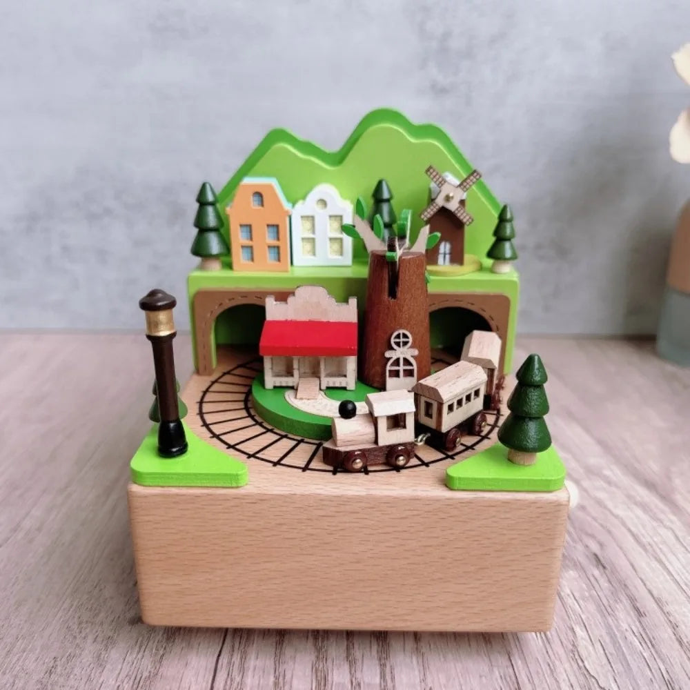 Wooden Forest Train Music Box – Wind-Up Clockwork Village Scene | Oliver & Company Montessori Toys