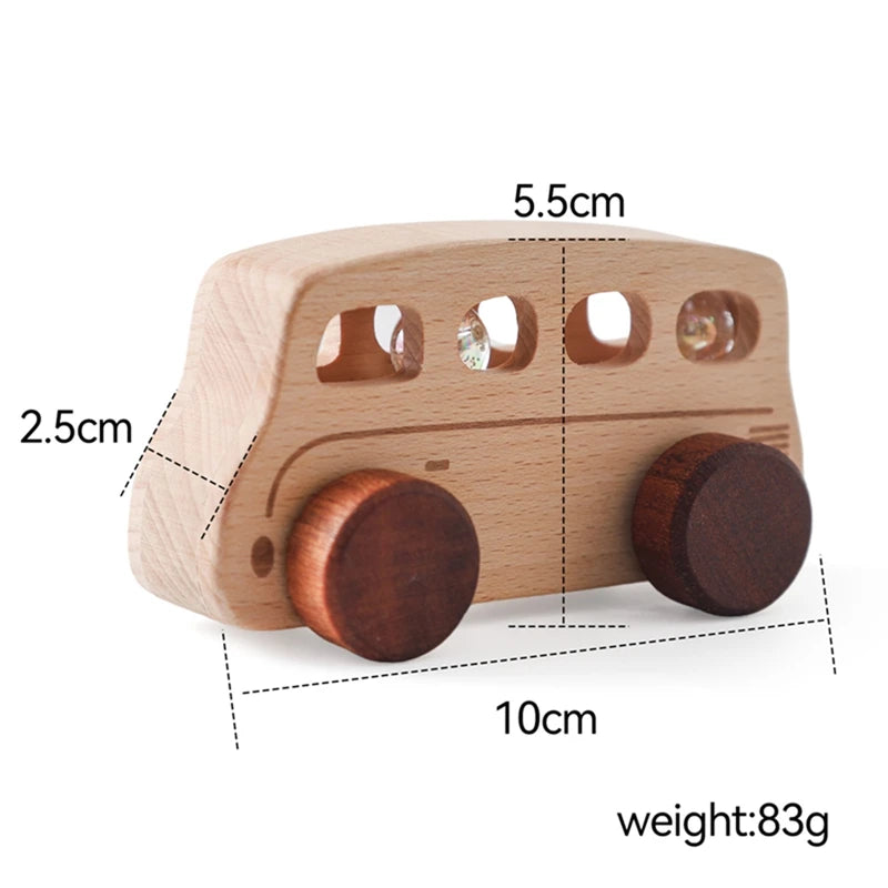 Baby Montessori Wooden Cartoon Bus, a beech wood toy with wheels, encouraging imaginative play and motor skill development for young children.