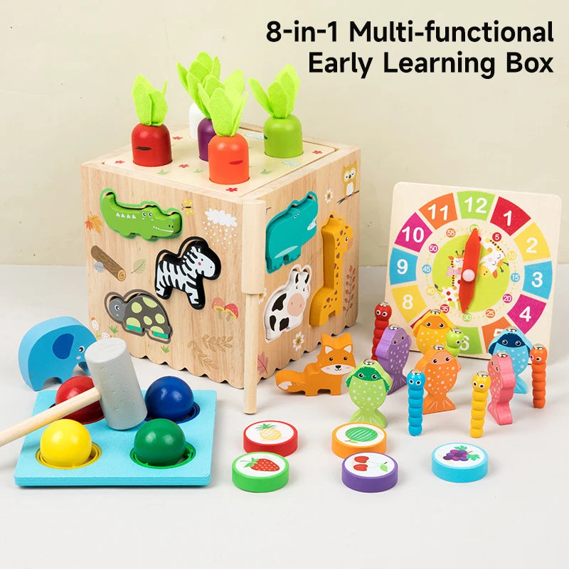 8-in-1 multi-functional early learning toy set with wooden blocks and educational tools on a white background.
