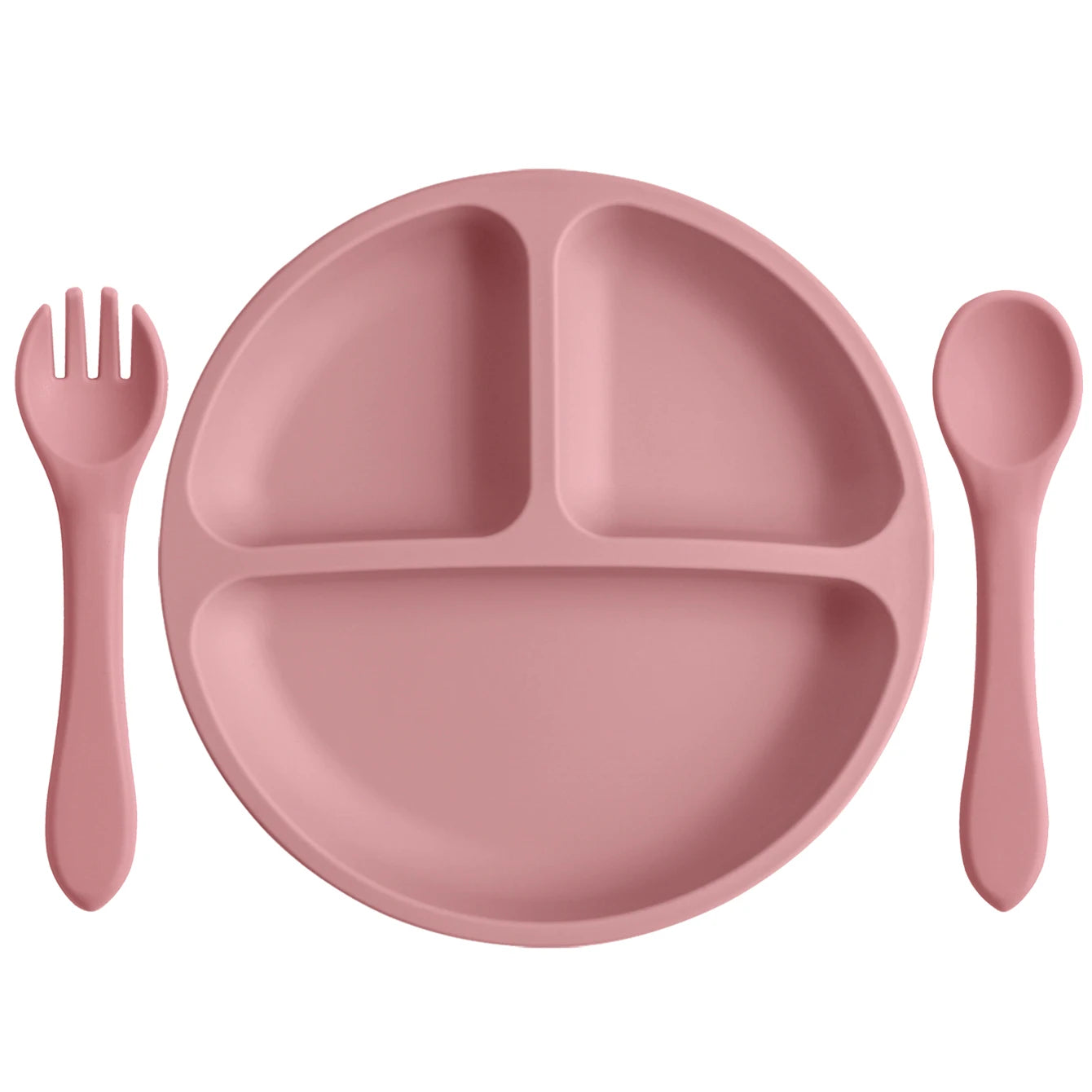 Powder Rose round divided plate with matching spoon and fork