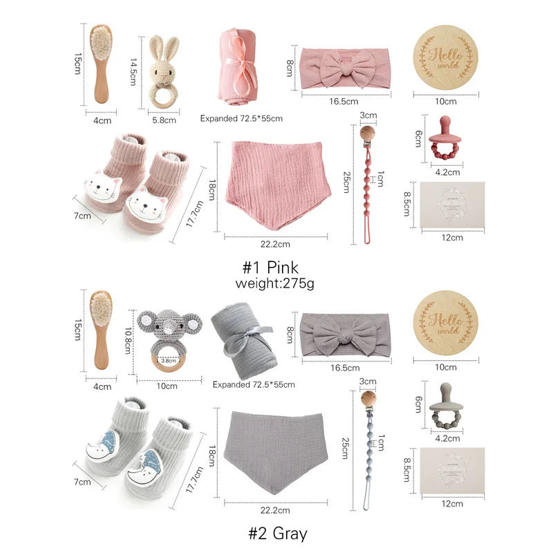 Baby product set with dimensions and weights labeled, including pink and gray items.