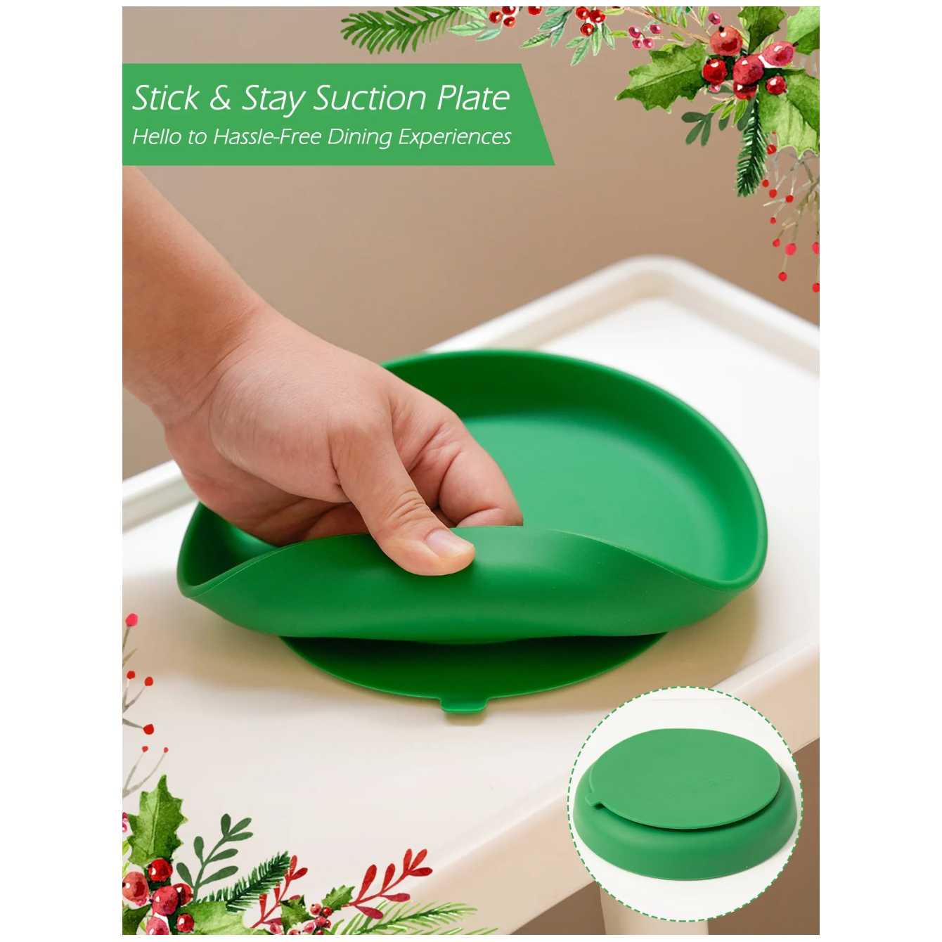 Hand pressing the round silicone plate's suction base onto a tray