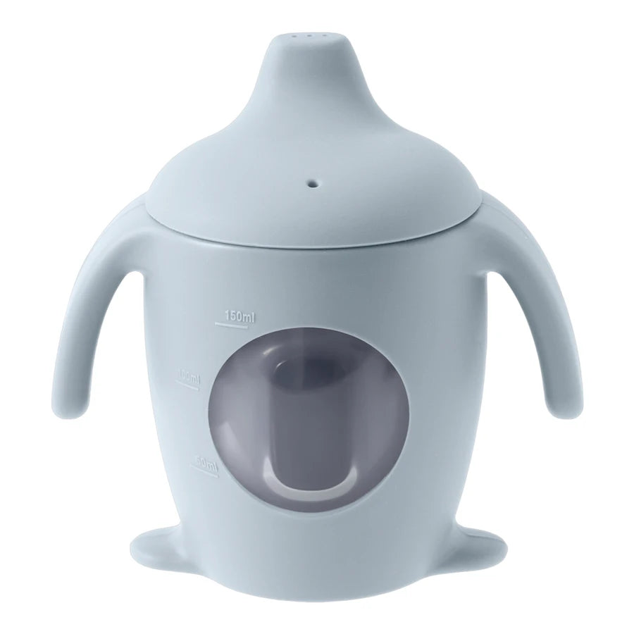 Gray sippy cup with a lid on a white background