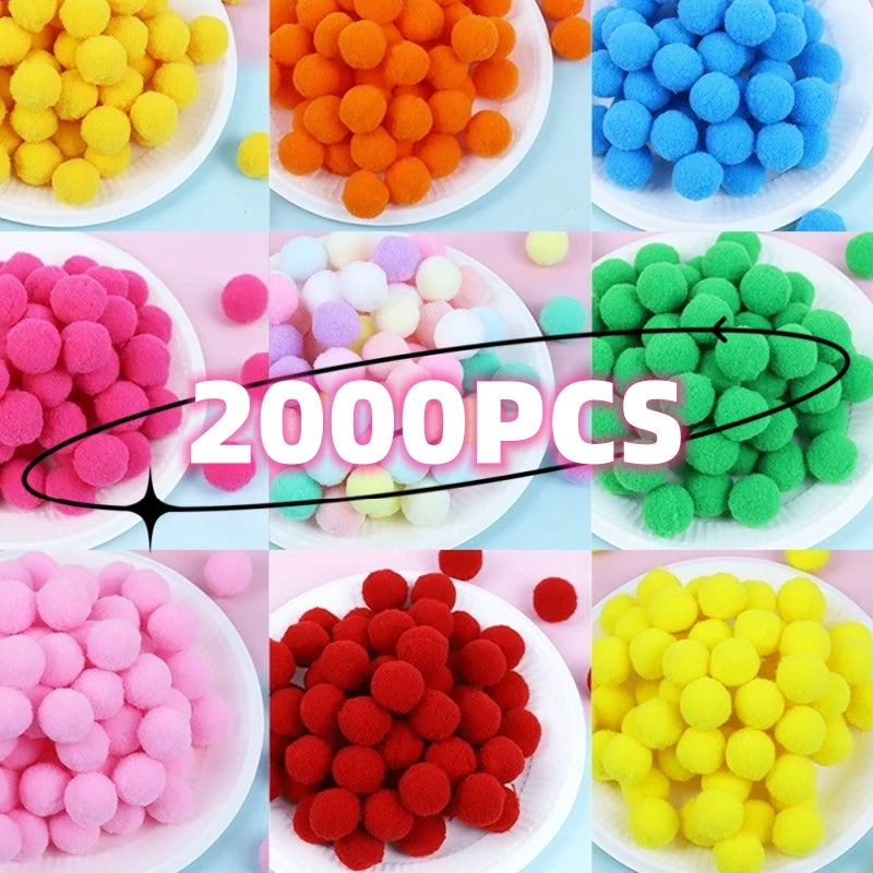 Collage of colorful pom-pom balls in various colors with '2000PCS' text.