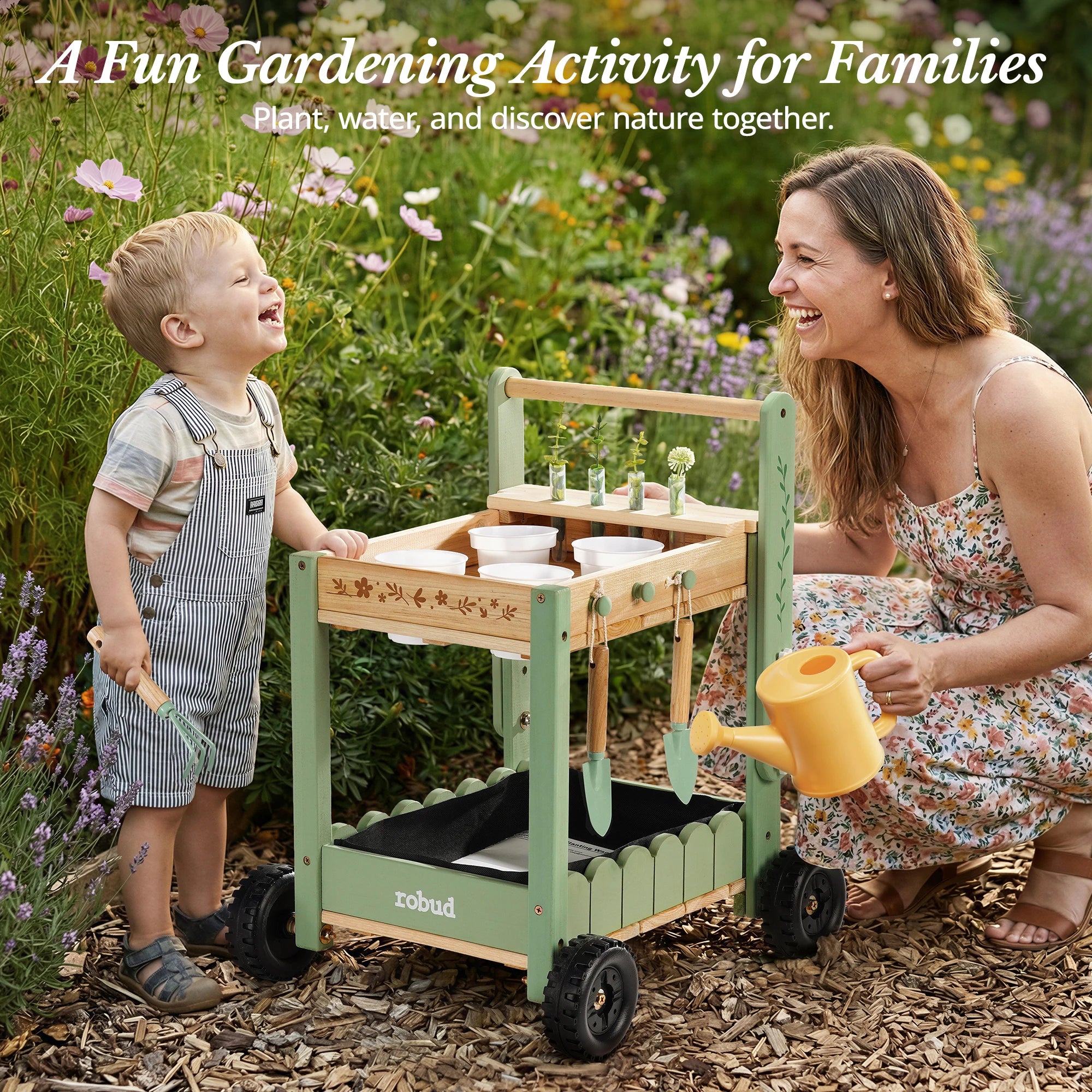 Wooden Kids Garden Cart with Tools and Planters