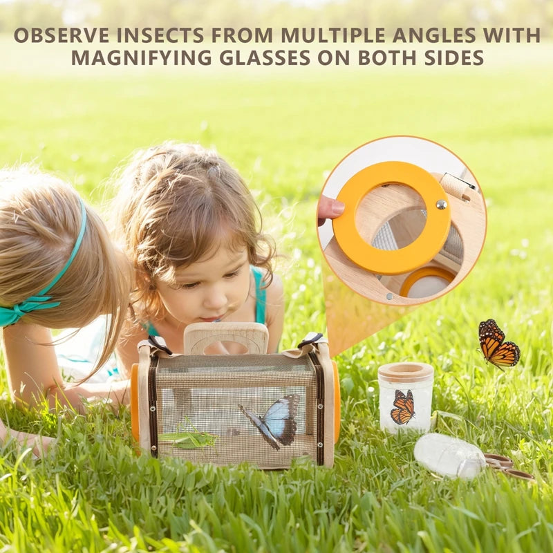 Two children observing insects with magnifying glasses on a grassy field.