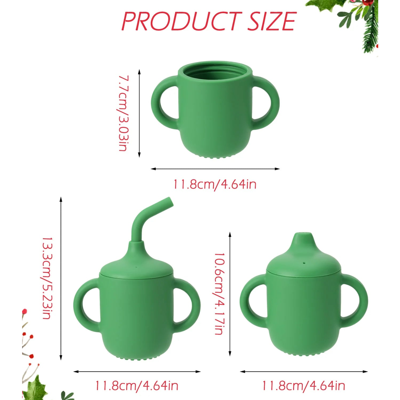 2-in-1 silicone cup size chart showing open cup, straw lid and sippy lid heights