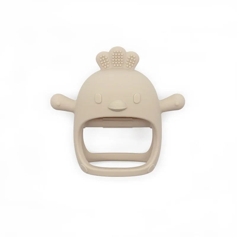 Beige baby teether with a smiling face on a white background