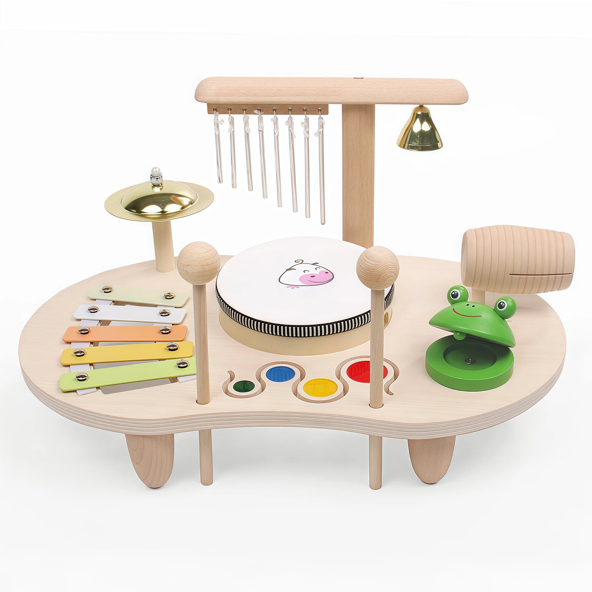 Children's wooden musical toy set on a white background