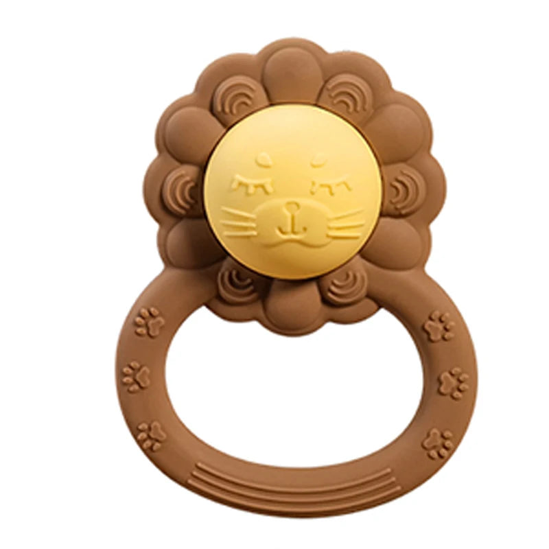 Brown lion-shaped teething ring with a yellow center on a white background