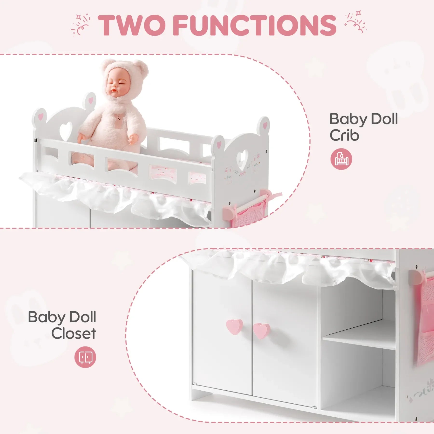 White baby doll crib and closet with pink accents on a white background