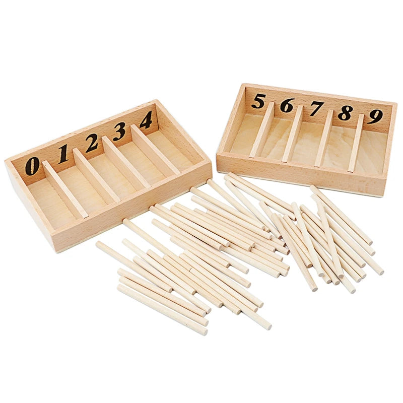 Montessori spindle boxes 0 to 9 with loose wooden spindles