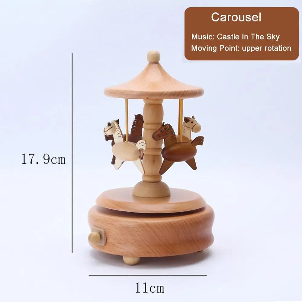 Wooden carousel toy with horses on a light blue background, showing dimensions and music information. | Oliver & Company Montessori Toys