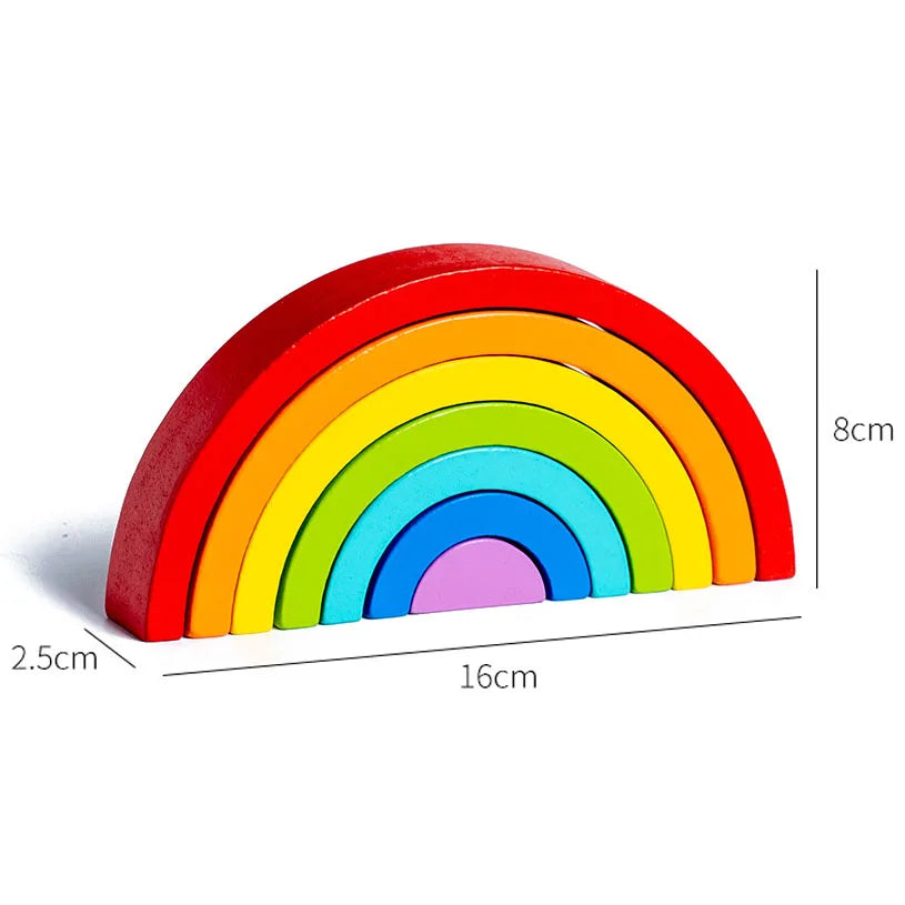 Wooden rainbow toy with measurements on a white background