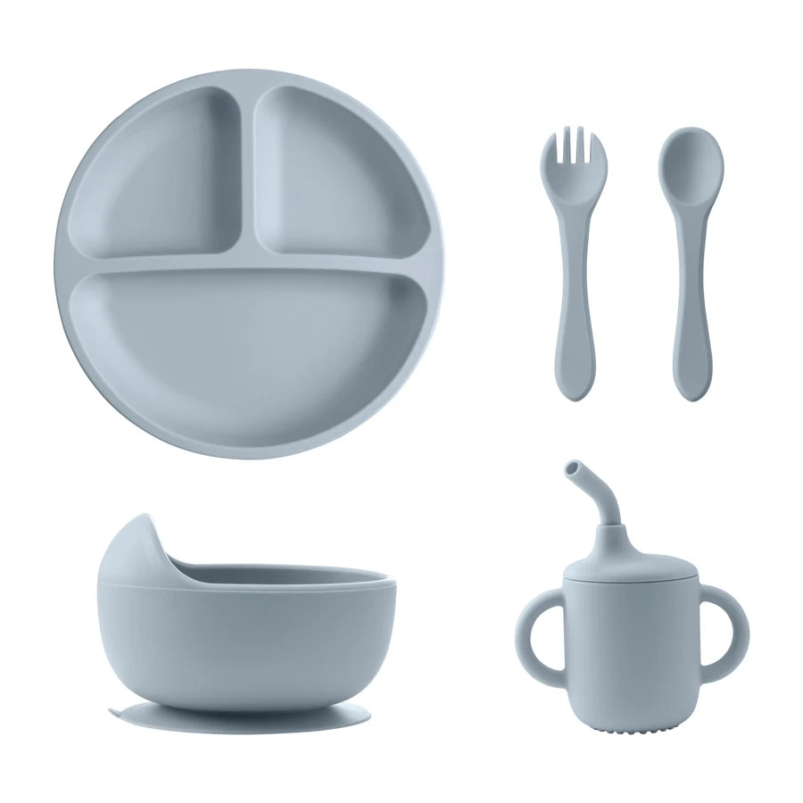 Grey blue divided plate, bowl, straw cup, spoon and fork