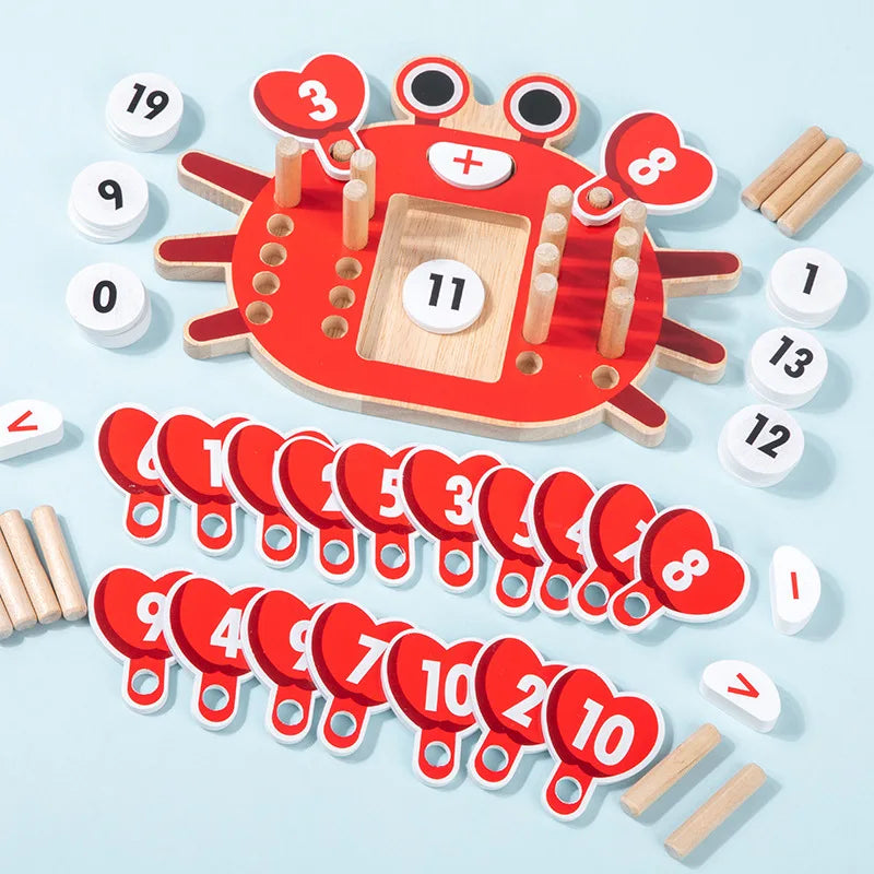 Wooden crab-shaped number game with heart-shaped numbers on a light blue background