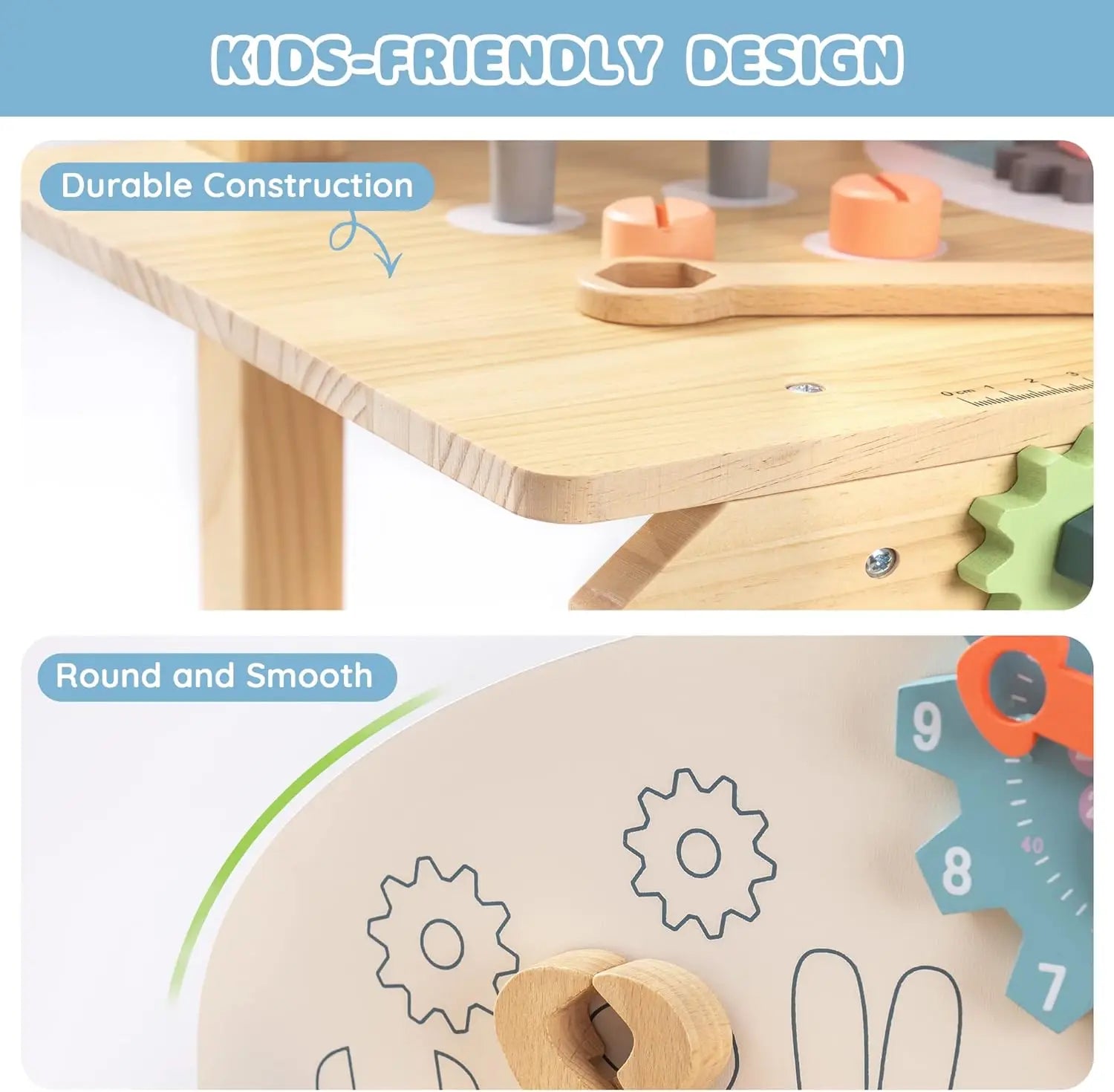 Wooden play table with gears and numbers, labeled 'Kids-Friendly Design' and 'Durable Construction'.