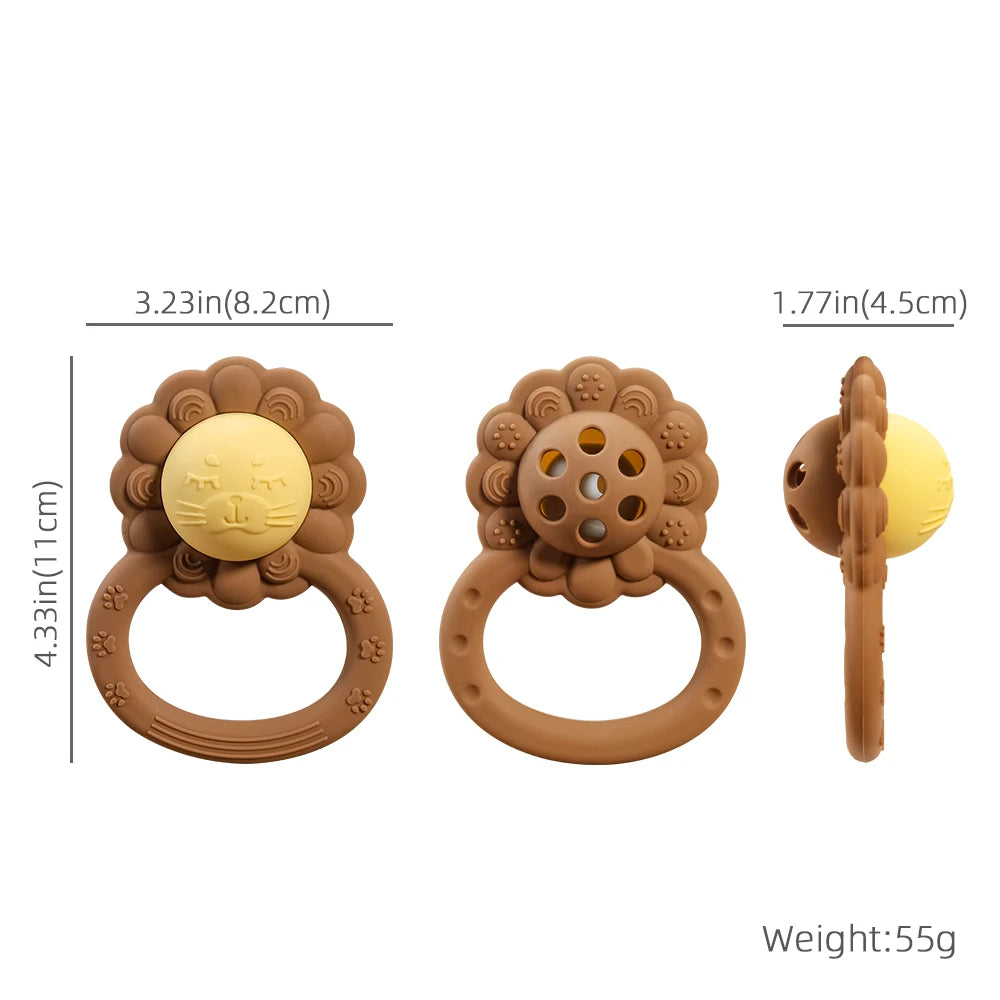 Teething ring with measurements and weight displayed on a white background