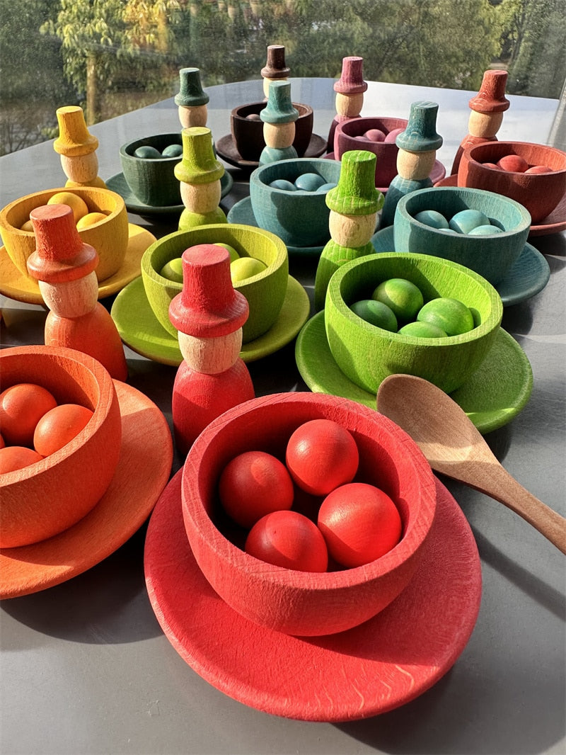 Montessori Wooden Sorting Bowls, Dishes, Balls, Acorns, Peg Dolls