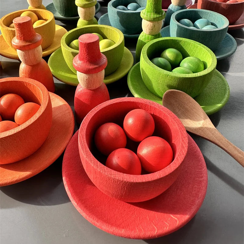 Wooden Rainbow Sorting Dolls & Bowls