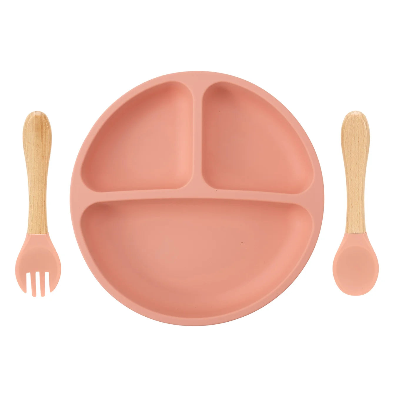 Silicone divided suction plate with wooden spoon and fork in Muted
