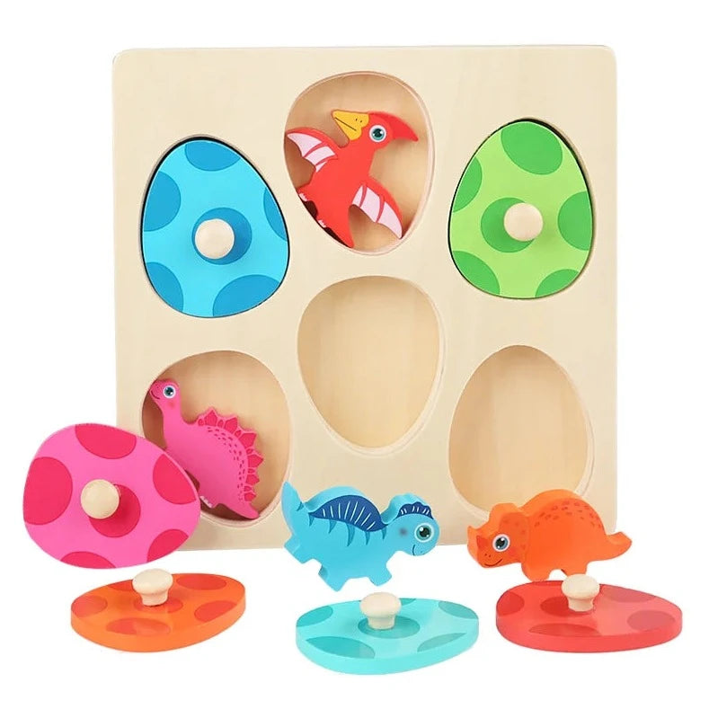 Montessori Wood Dinosaur Peg Puzzle featuring wooden dinosaur shapes and hidden egg surprises, designed for enhancing fine motor skills and imaginative play.