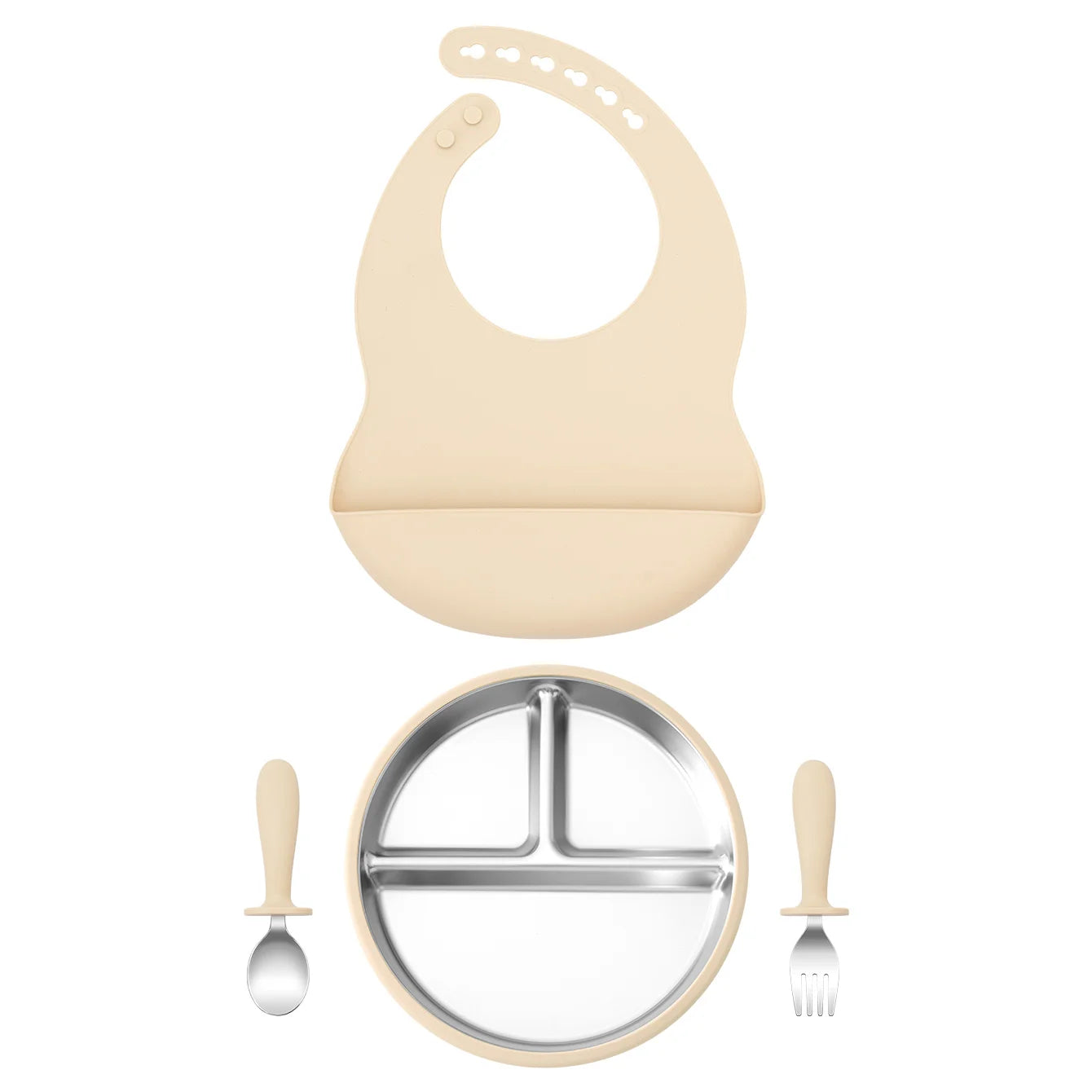 4-Piece Stainless Steel Silicone Feeding Set with Divided Plate and Bib