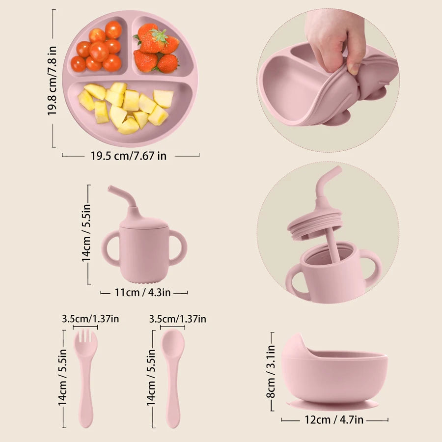 Plate 19.5 x 19.8cm, straw cup 14cm tall, bowl 12cm, spoon and fork 14cm