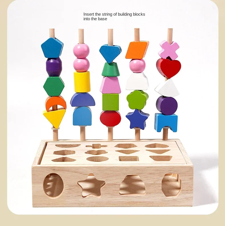 Colorful wooden shape sorting toy with beads and wooden base on a beige background