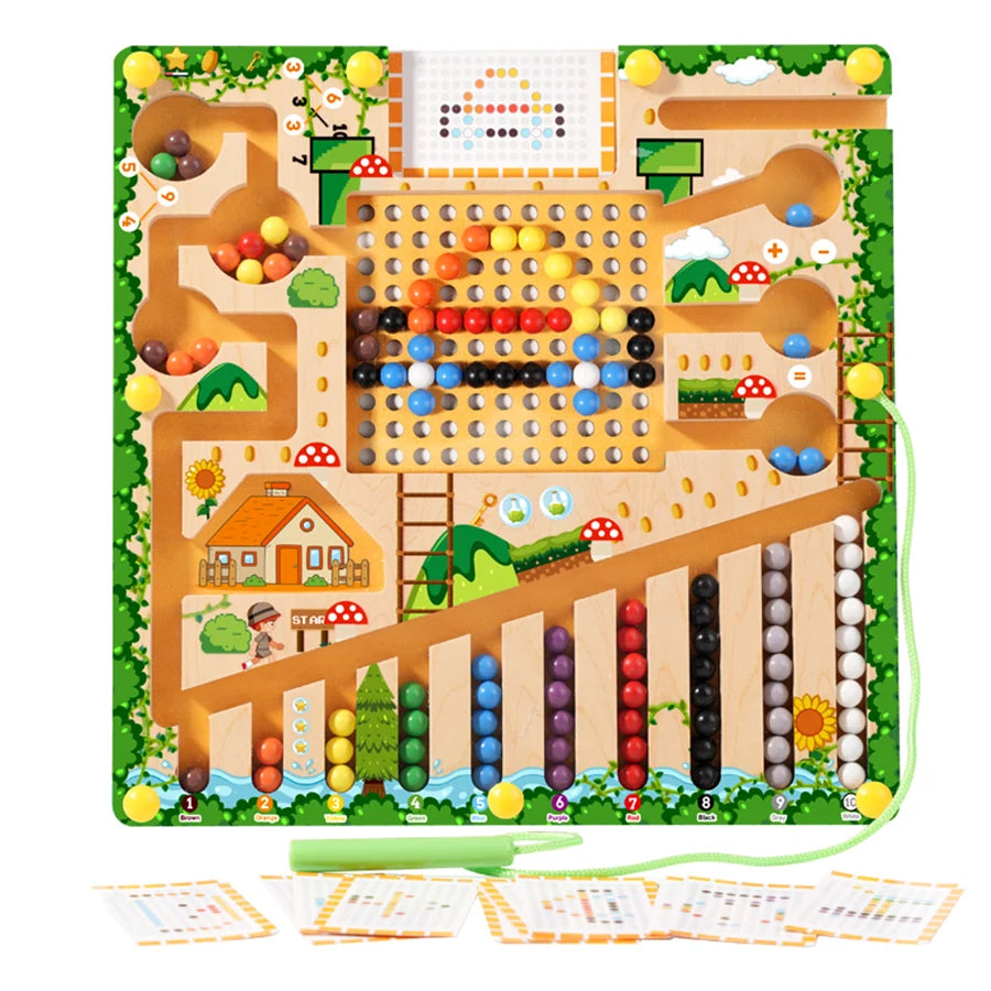 Children's educational toy with a wooden board and colorful beads on a white background