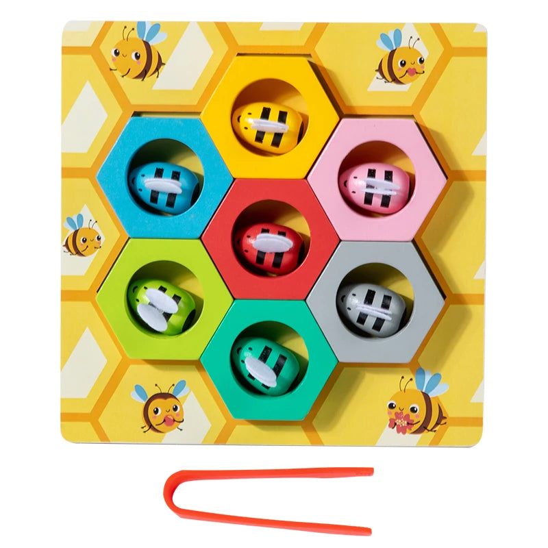 Colorful honeycomb puzzle with bee characters on a yellow background