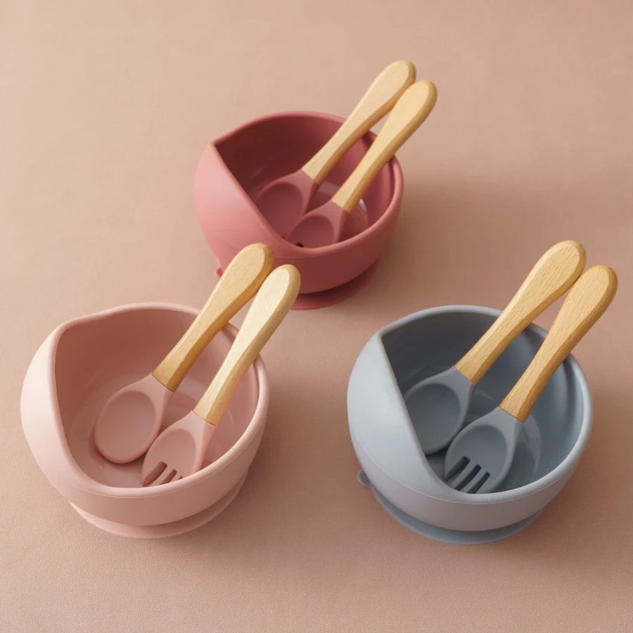 3Pcs Silicone Baby Feeding Set – Suction Bowl + Spoon & Fork