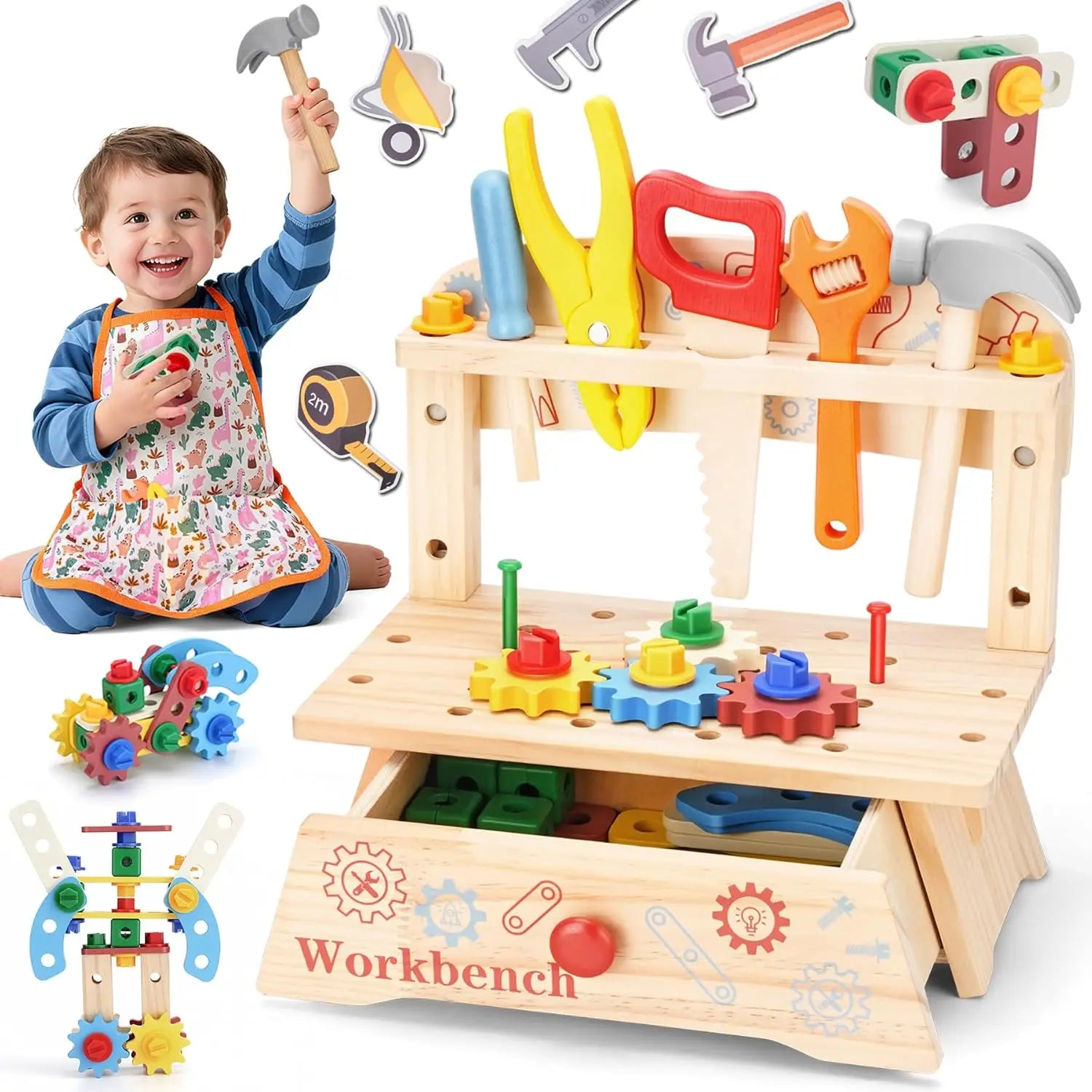 Wooden Tool Bench for Kids Pretend Play Construction Toy
